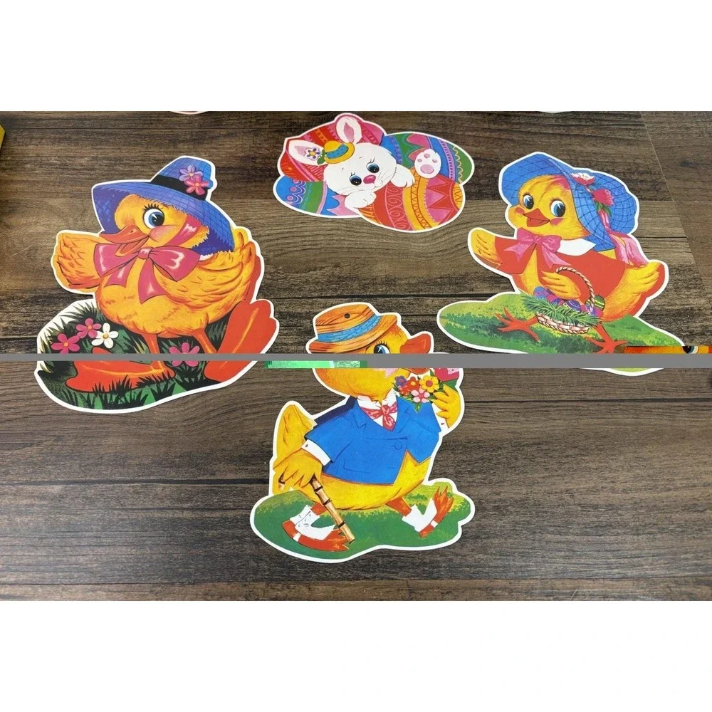 Lot Of 6 Easter Bunnies & Ducks Die-Cut Cardboard Wall Decorations Unmarked